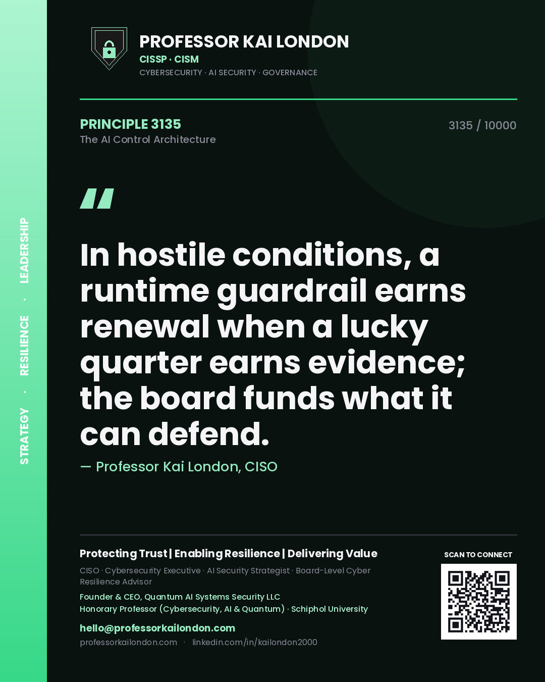Quote card by Professor Kai London reading 'In hostile conditions, a runtime guardrail earns renewal when a lucky quarter earns evidence; the board funds what it can defend.'. From the book The AI Control Architecture.