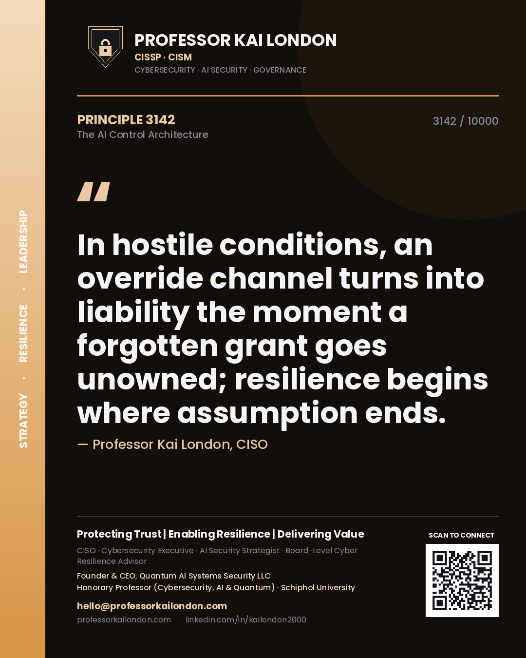 Quote card by Professor Kai London reading 'In hostile conditions, an override channel turns into liability the moment a forgotten grant goes unowned; resilience begins where assumption ends.'. From the book The AI Control Architecture.