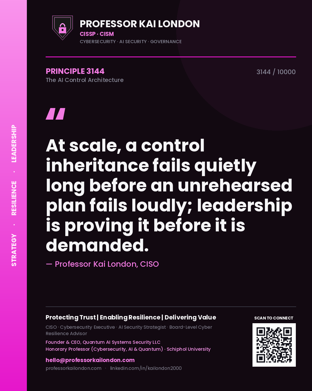 Quote card by Professor Kai London reading 'At scale, a control inheritance fails quietly long before an unrehearsed plan fails loudly; leadership is proving it before it is demanded.'. From the book The AI Control Architecture.