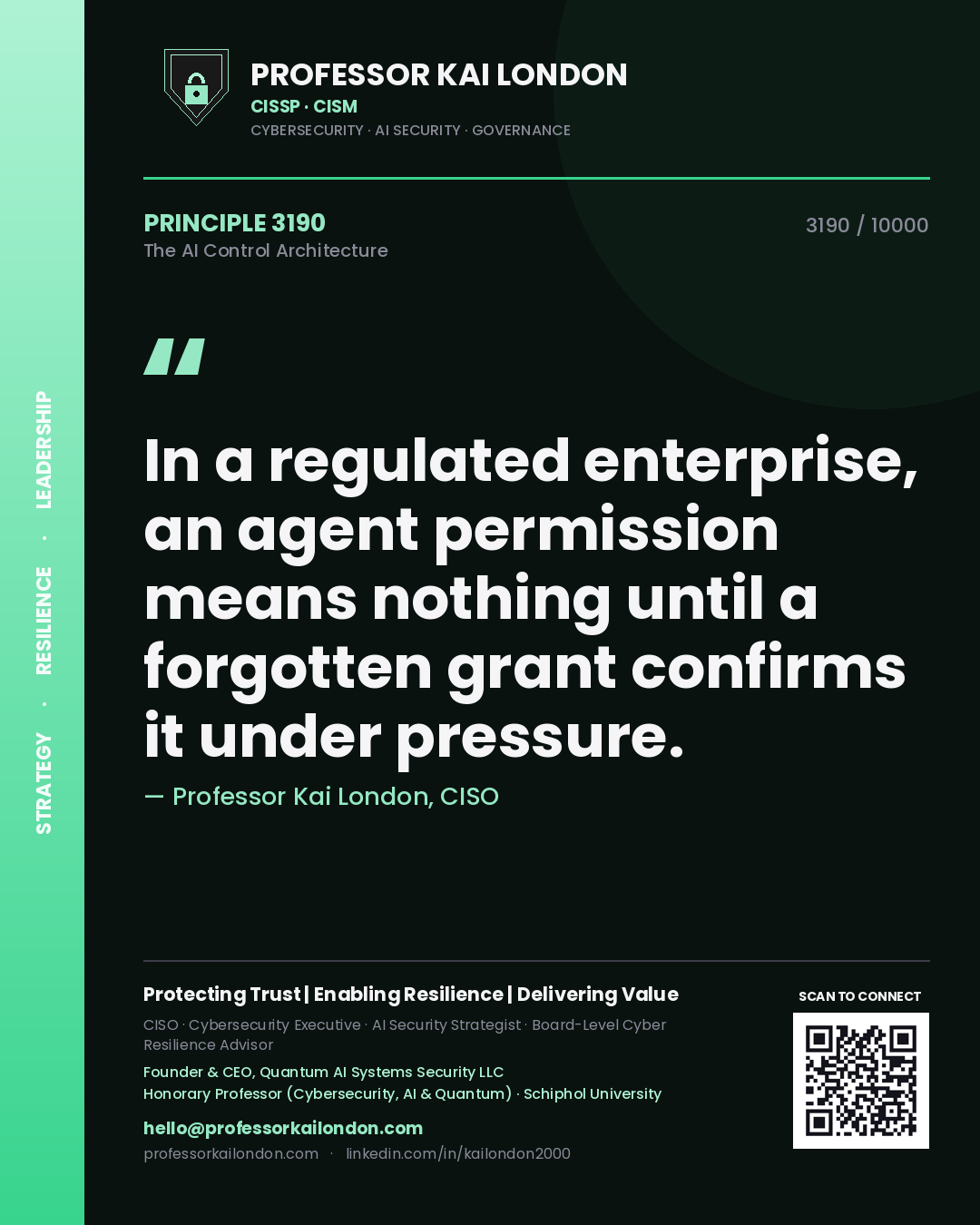 Quote card by Professor Kai London reading 'In a regulated enterprise, an agent permission means nothing until a forgotten grant confirms it under pressure.'. From the book The AI Control Architecture.