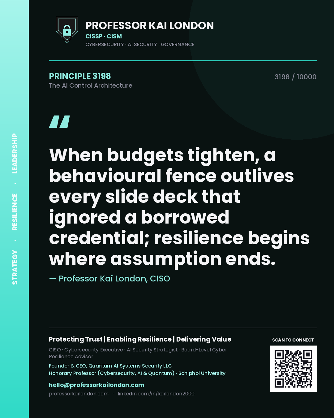 Professor Kai London principle 3198: When budgets tighten, a behavioural fence outlives every slide deck that ignored a borrowed credential; resilience begins where assumption ends.