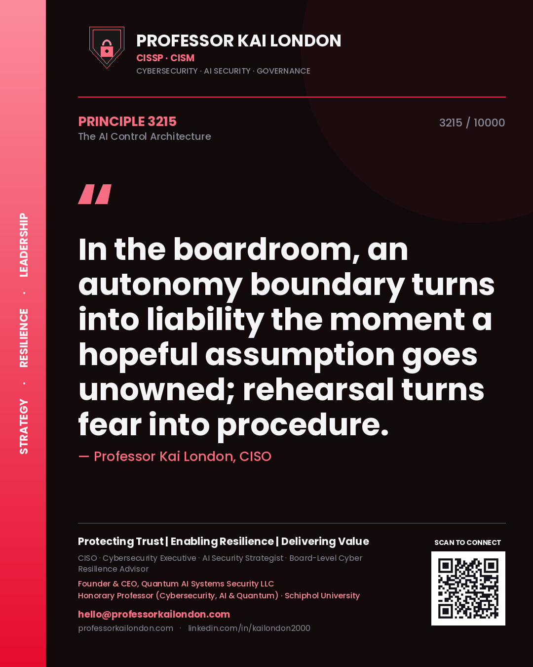 Quote card by Professor Kai London reading 'In the boardroom, an autonomy boundary turns into liability the moment a hopeful assumption goes unowned; rehearsal turns fear into procedure.'. From the book The AI Control Architecture.
