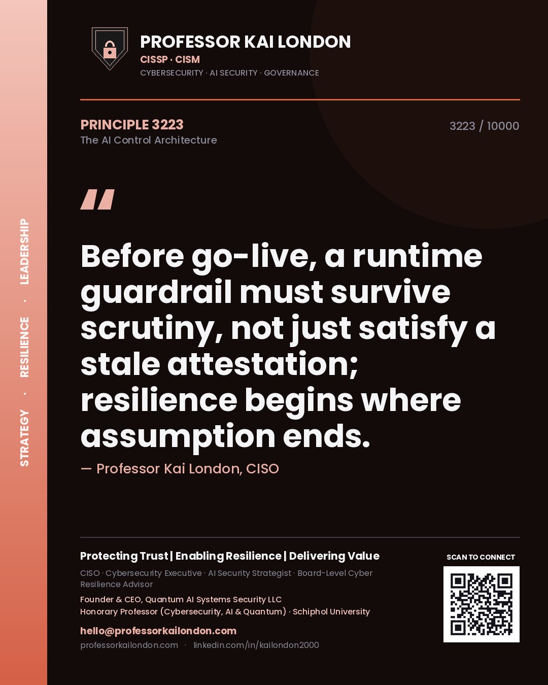 Quote card by Professor Kai London reading 'Before go-live, a runtime guardrail must survive scrutiny, not just satisfy a stale attestation; resilience begins where assumption ends.'. From the book The AI Control Architecture.