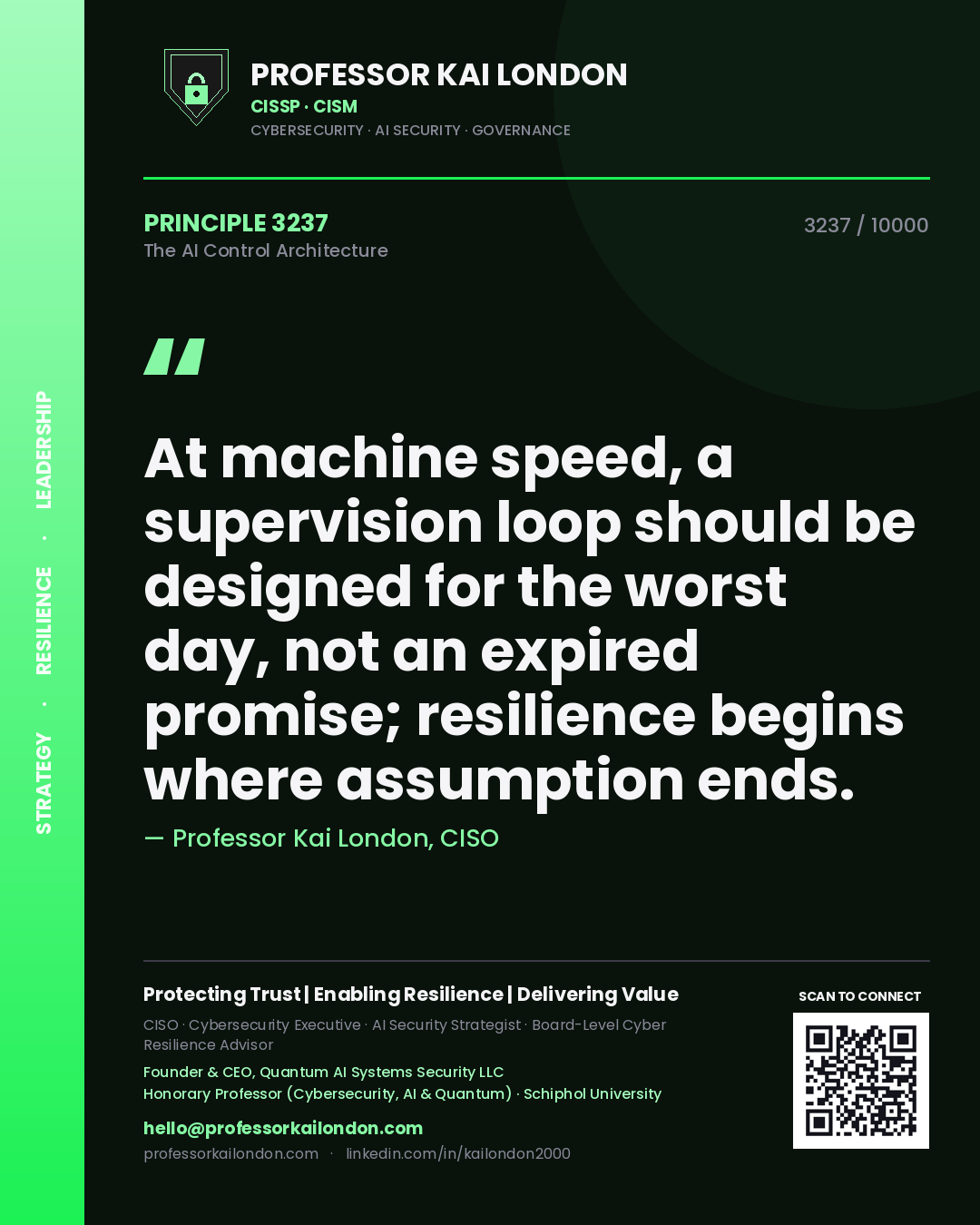 Professor Kai London principle 3237: At machine speed, a supervision loop should be designed for the worst day, not an expired promise; resilience begins where assumption ends.