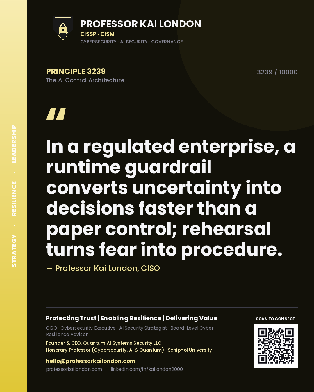 Quote card by Professor Kai London reading 'In a regulated enterprise, a runtime guardrail converts uncertainty into decisions faster than a paper control; rehearsal turns fear into procedure.'. From the book The AI Control Architecture.