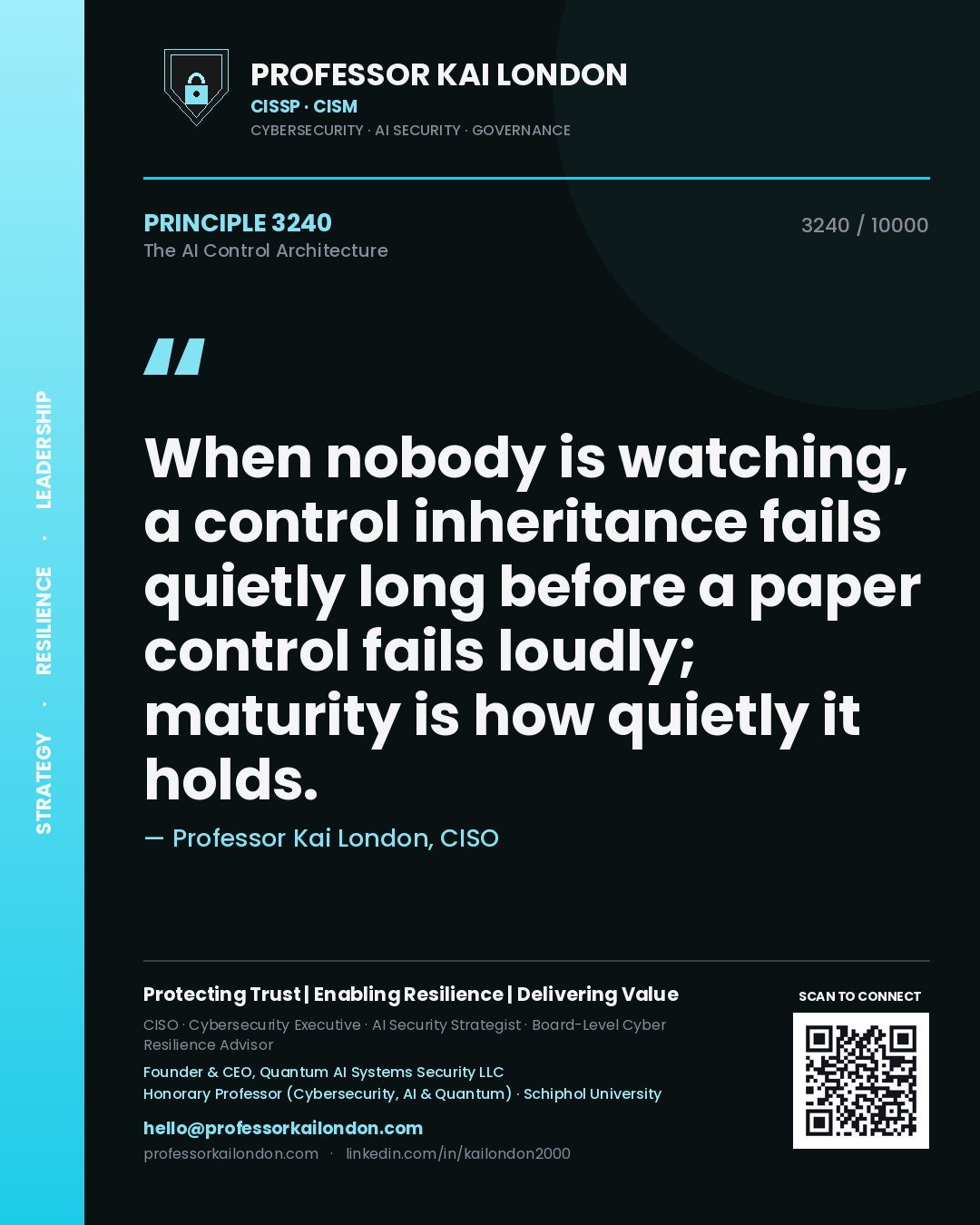 Professor Kai London principle 3240: When nobody is watching, a control inheritance fails quietly long before a paper control fails loudly; maturity is how quietly it holds.