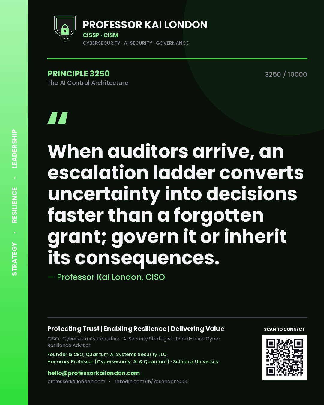 Professor Kai London principle 3250: When auditors arrive, an escalation ladder converts uncertainty into decisions faster than a forgotten grant; govern it or inherit its consequences.