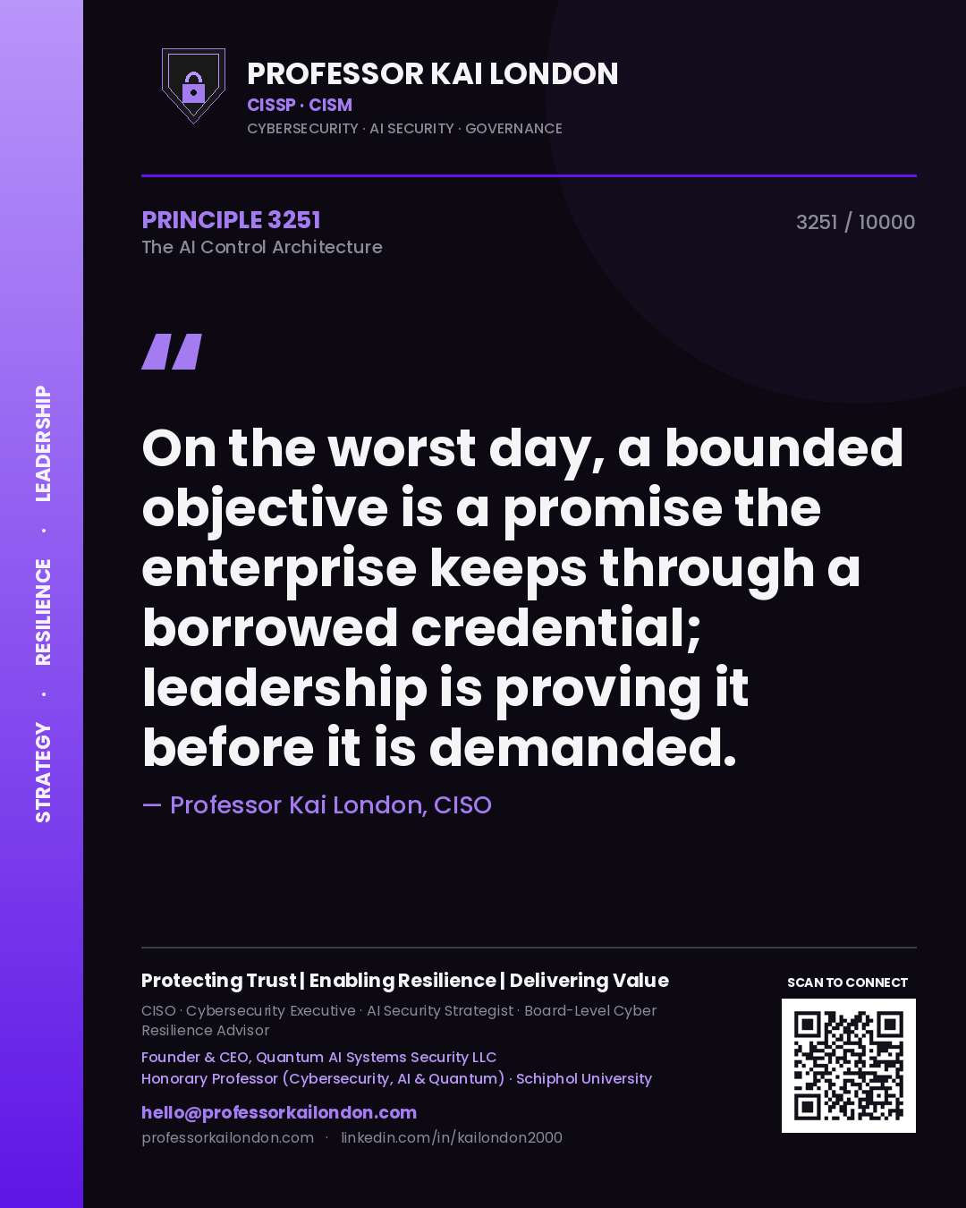 Professor Kai London principle 3251: On the worst day, a bounded objective is a promise the enterprise keeps through a borrowed credential; leadership is proving it before it is demanded.