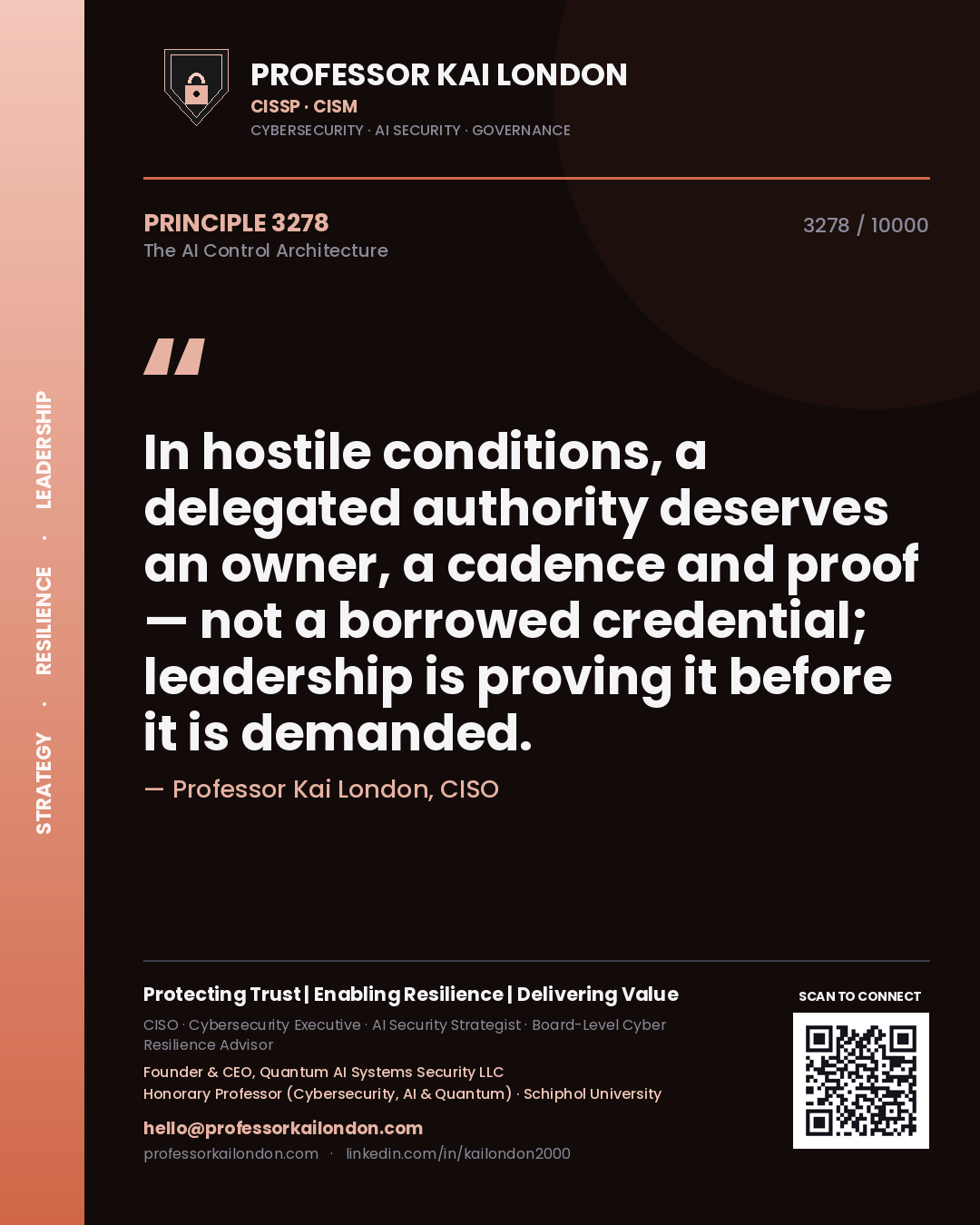 Professor Kai London principle 3278: In hostile conditions, a delegated authority deserves an owner, a cadence and proof — not a borrowed credential; leadership is proving it before it is demanded.