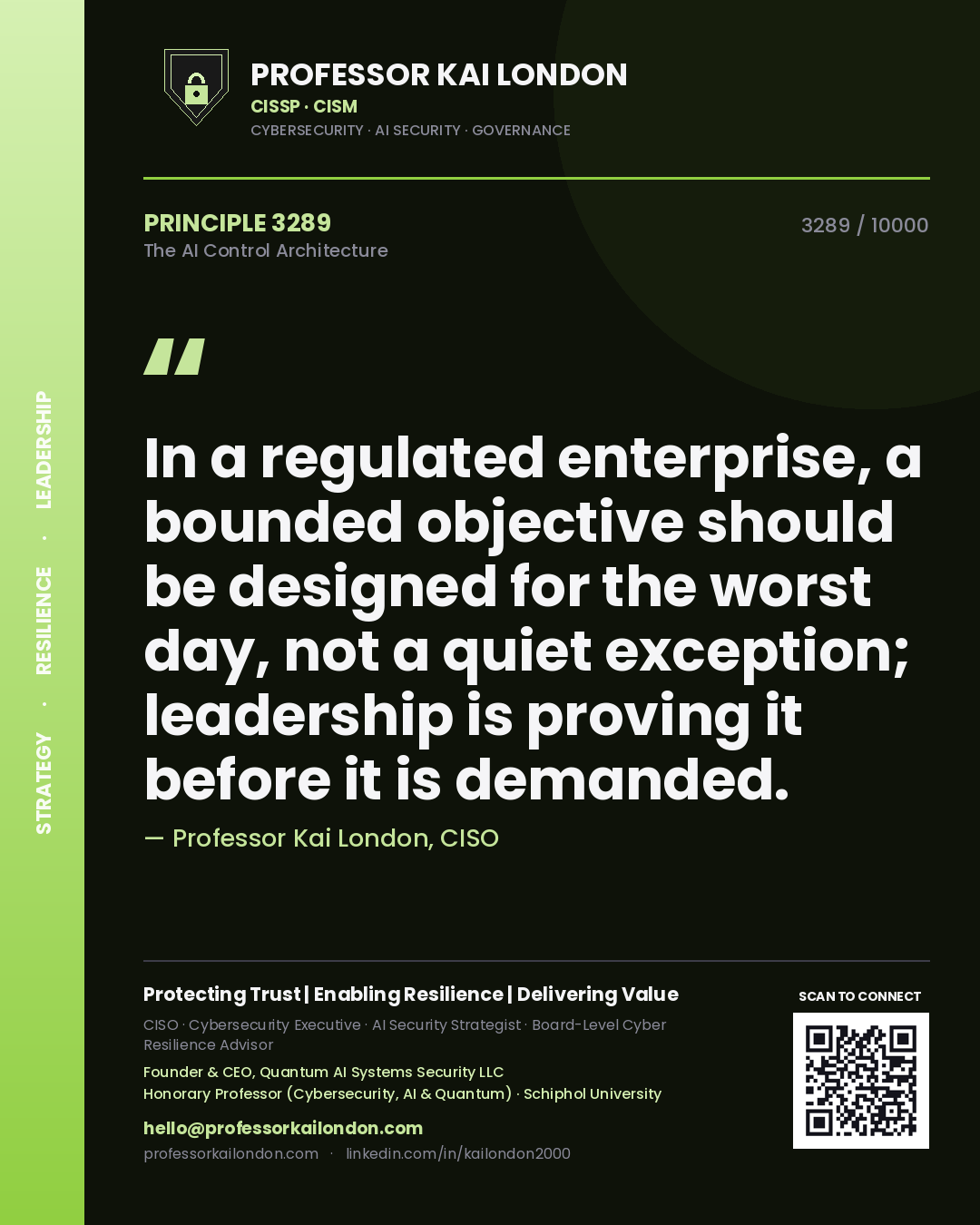 Quote card by Professor Kai London reading 'In a regulated enterprise, a bounded objective should be designed for the worst day, not a quiet exception; leadership is proving it before it is demanded.'. From the book The AI Control Architecture.
