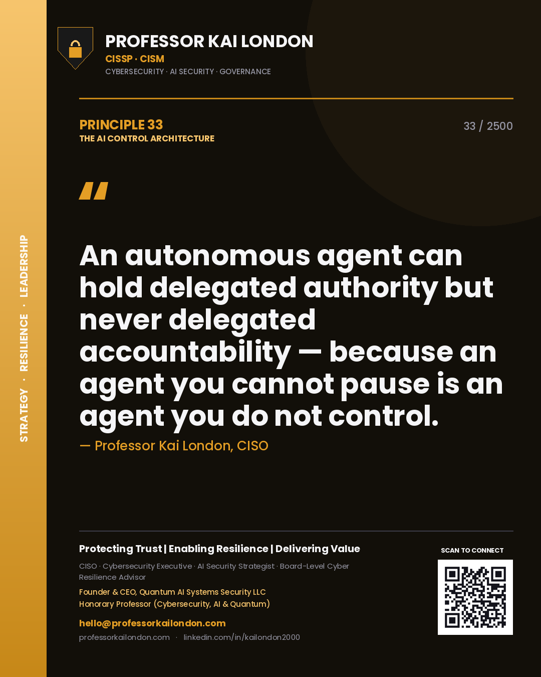 Quote card by Professor Kai London reading 'An autonomous agent can hold delegated authority but never delegated accountability — because an agent you cannot pause is an agent you do not control.'. From the book The AI Control Architecture.