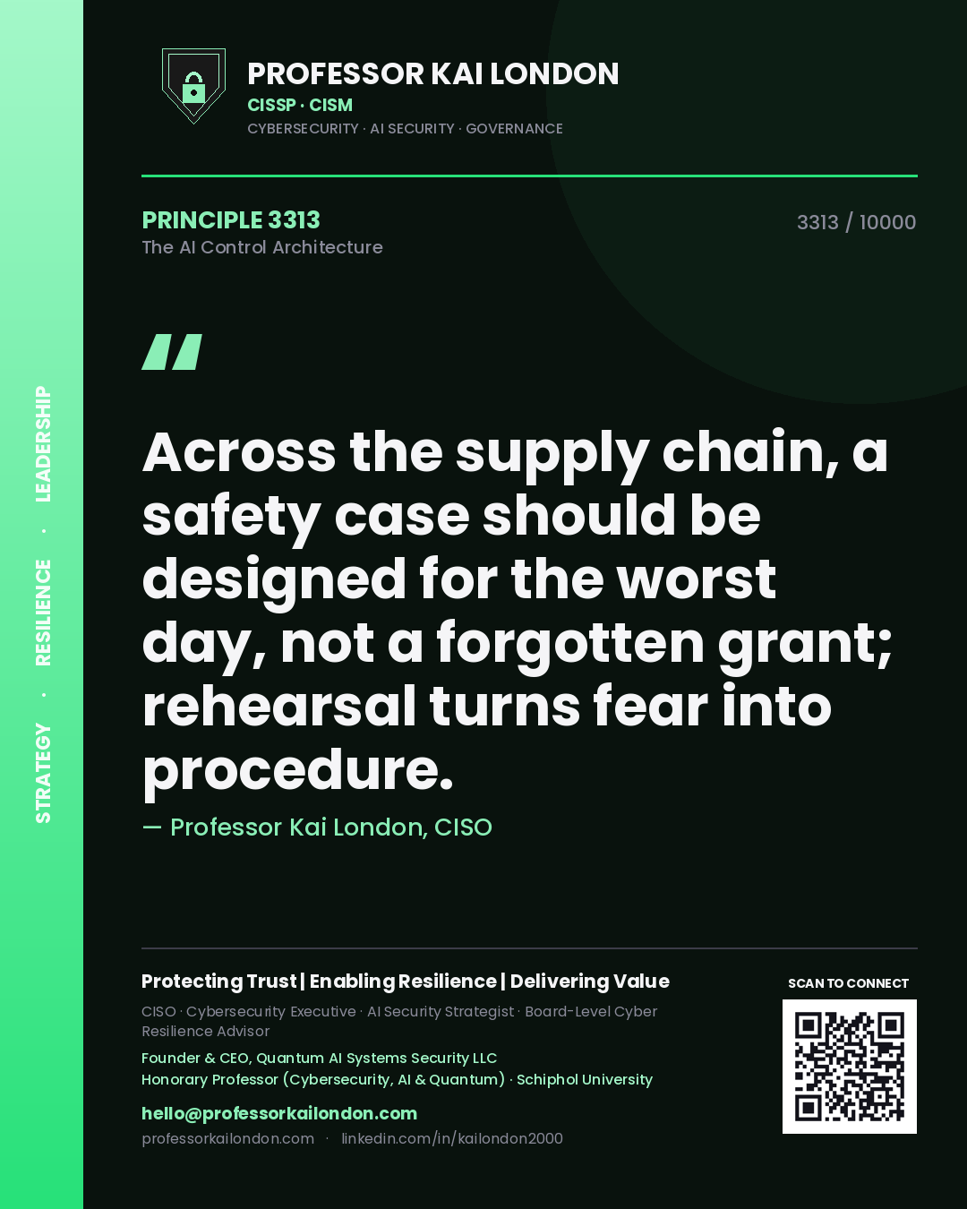 Professor Kai London principle 3313: Across the supply chain, a safety case should be designed for the worst day, not a forgotten grant; rehearsal turns fear into procedure.