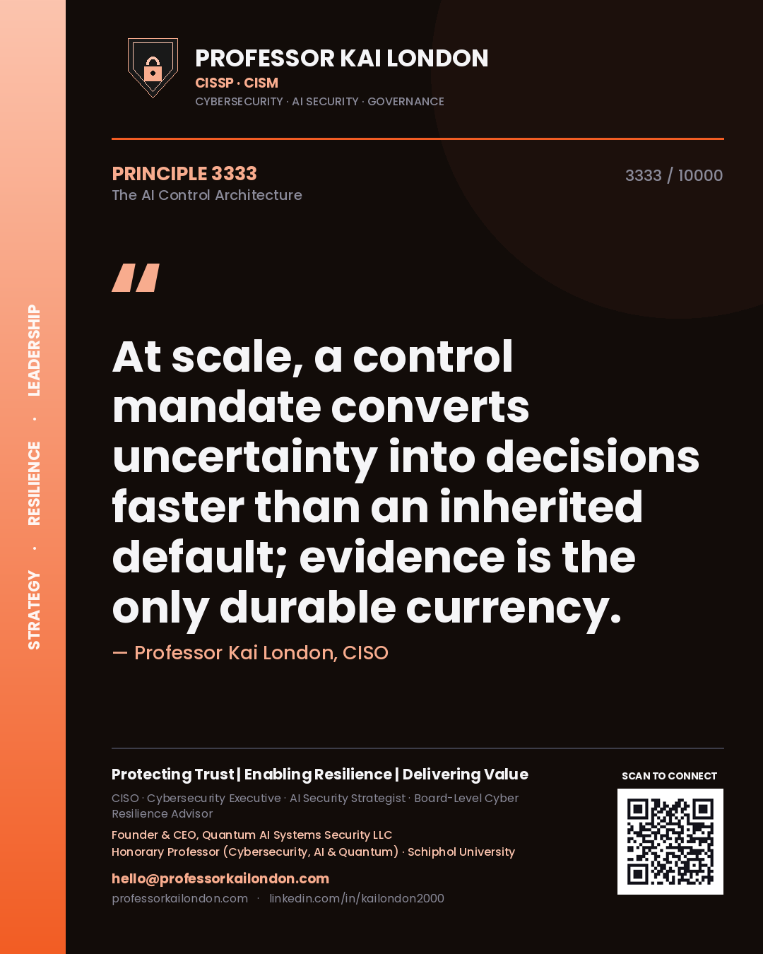 Professor Kai London principle 3333: At scale, a control mandate converts uncertainty into decisions faster than an inherited default; evidence is the only durable currency.