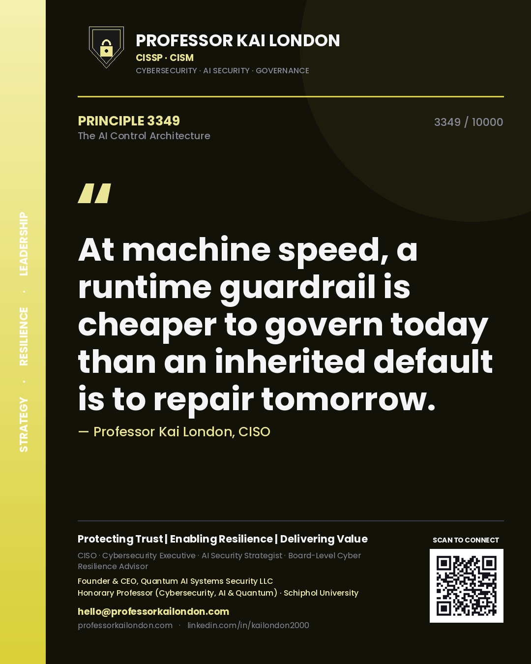Professor Kai London principle 3349: At machine speed, a runtime guardrail is cheaper to govern today than an inherited default is to repair tomorrow.