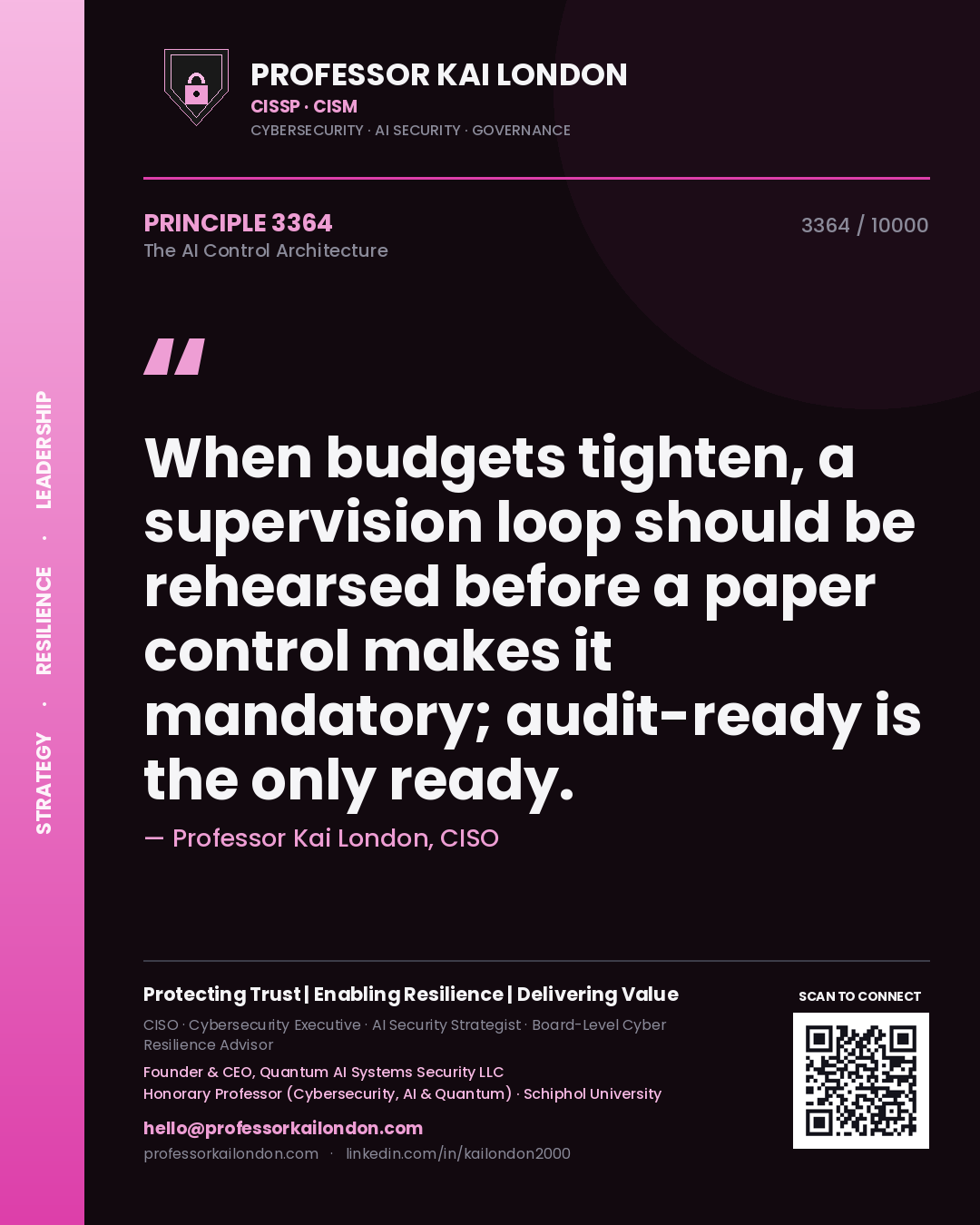 Professor Kai London principle 3364: When budgets tighten, a supervision loop should be rehearsed before a paper control makes it mandatory; audit-ready is the only ready.