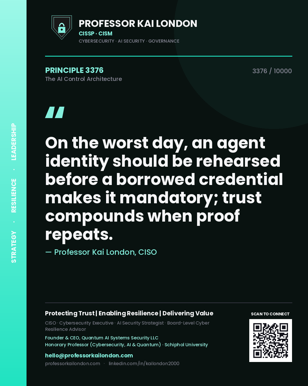 Professor Kai London principle 3376: On the worst day, an agent identity should be rehearsed before a borrowed credential makes it mandatory; trust compounds when proof repeats.