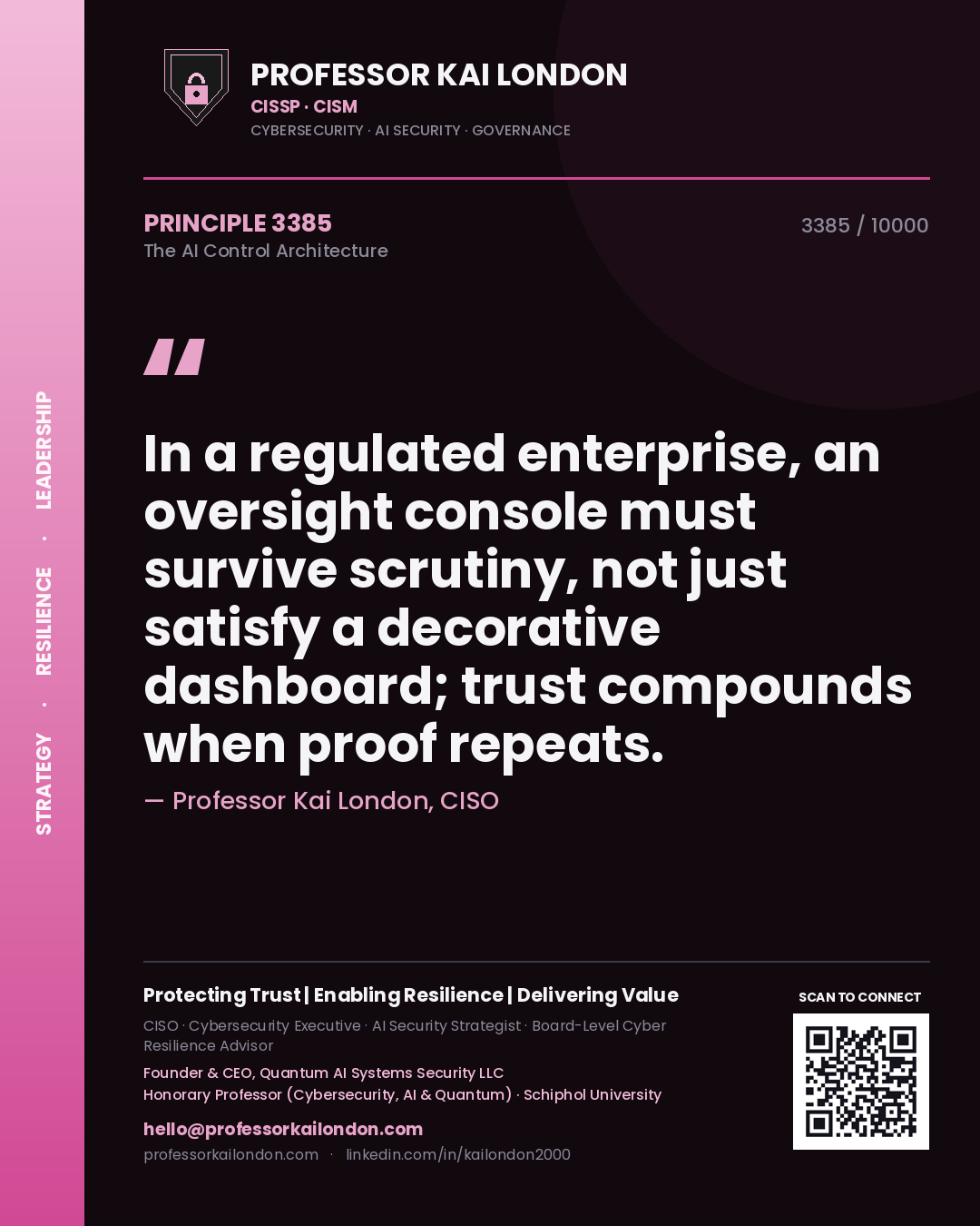 Professor Kai London principle 3385: In a regulated enterprise, an oversight console must survive scrutiny, not just satisfy a decorative dashboard; trust compounds when proof repeats.