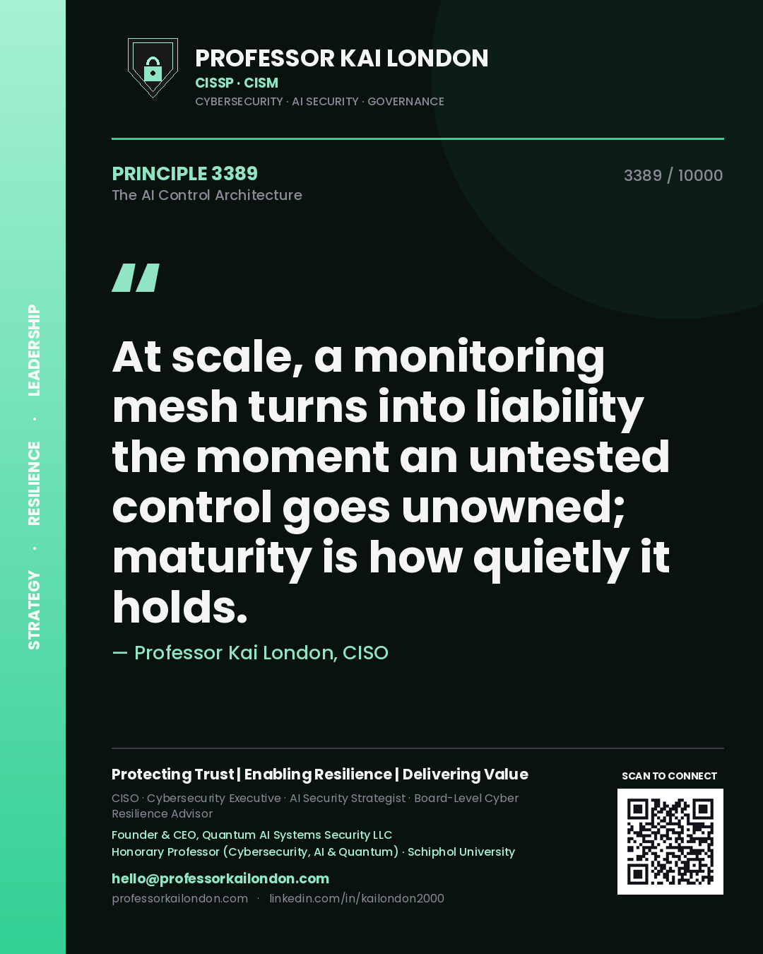 Professor Kai London principle 3389: At scale, a monitoring mesh turns into liability the moment an untested control goes unowned; maturity is how quietly it holds.