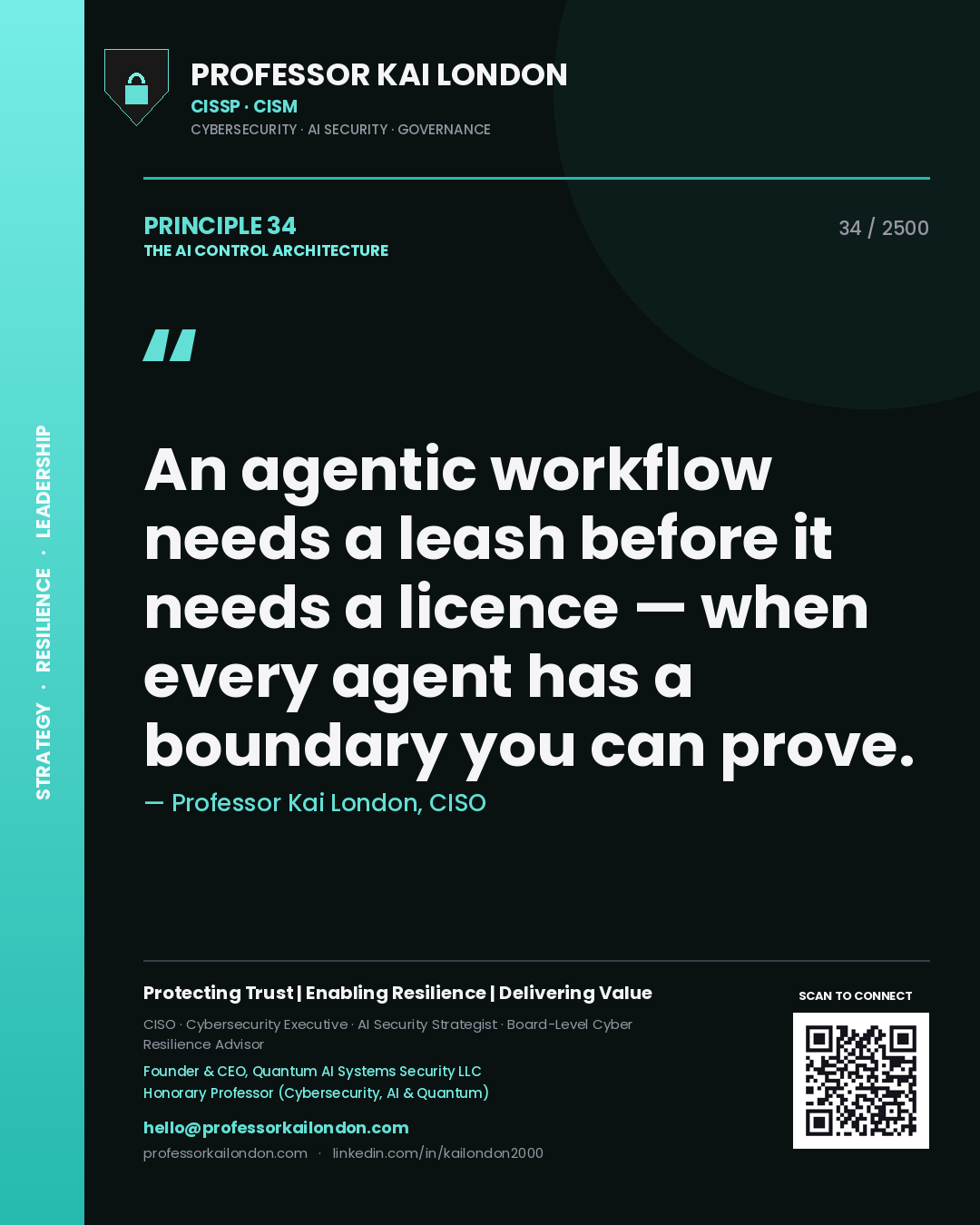 Professor Kai London principle 34: An agentic workflow needs a leash before it needs a licence — when every agent has a boundary you can prove.