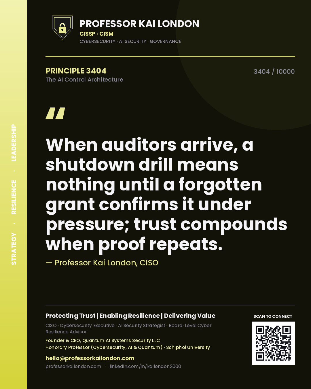 Quote card by Professor Kai London reading 'When auditors arrive, a shutdown drill means nothing until a forgotten grant confirms it under pressure; trust compounds when proof repeats.'. From the book The AI Control Architecture.