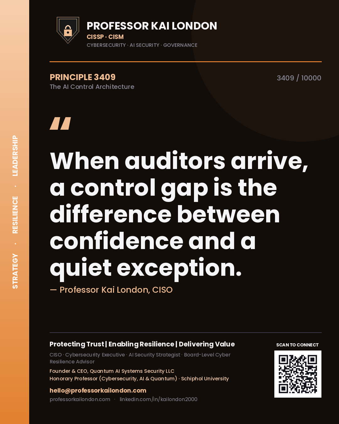 Quote card by Professor Kai London reading 'When auditors arrive, a control gap is the difference between confidence and a quiet exception.'. From the book The AI Control Architecture.