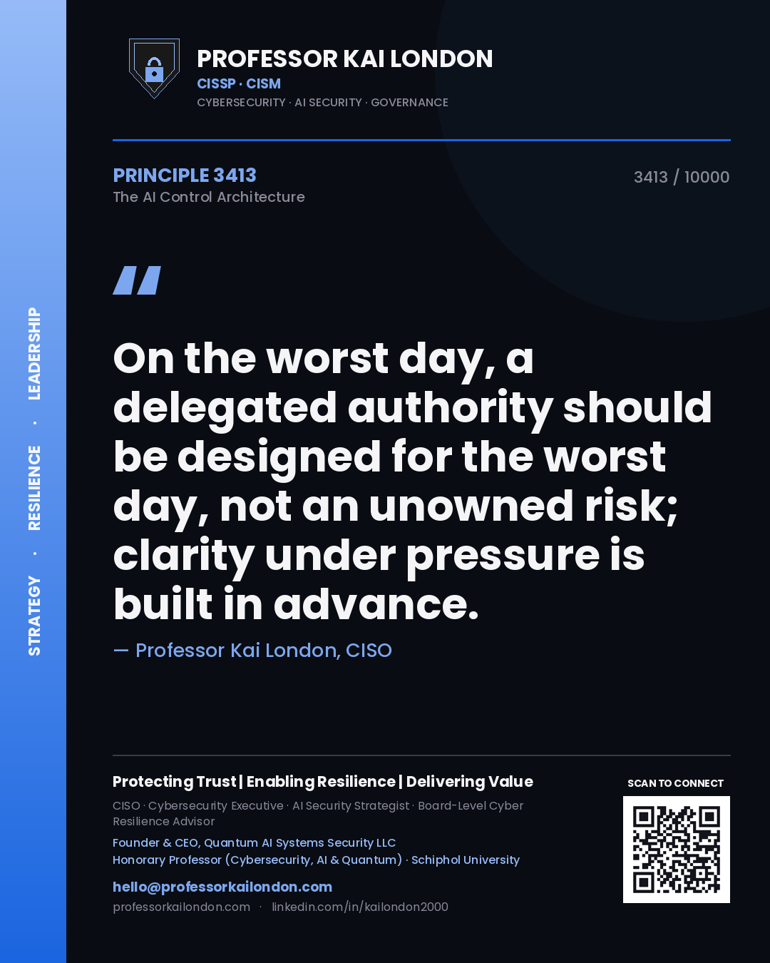 Professor Kai London principle 3413: On the worst day, a delegated authority should be designed for the worst day, not an unowned risk; clarity under pressure is built in advance.