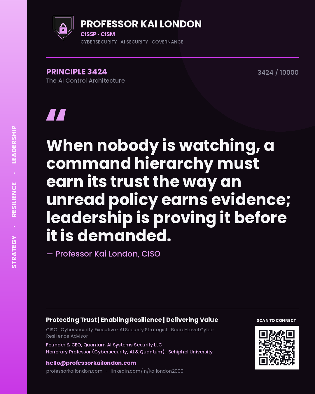 Professor Kai London principle 3424: When nobody is watching, a command hierarchy must earn its trust the way an unread policy earns evidence; leadership is proving it before it is demanded.
