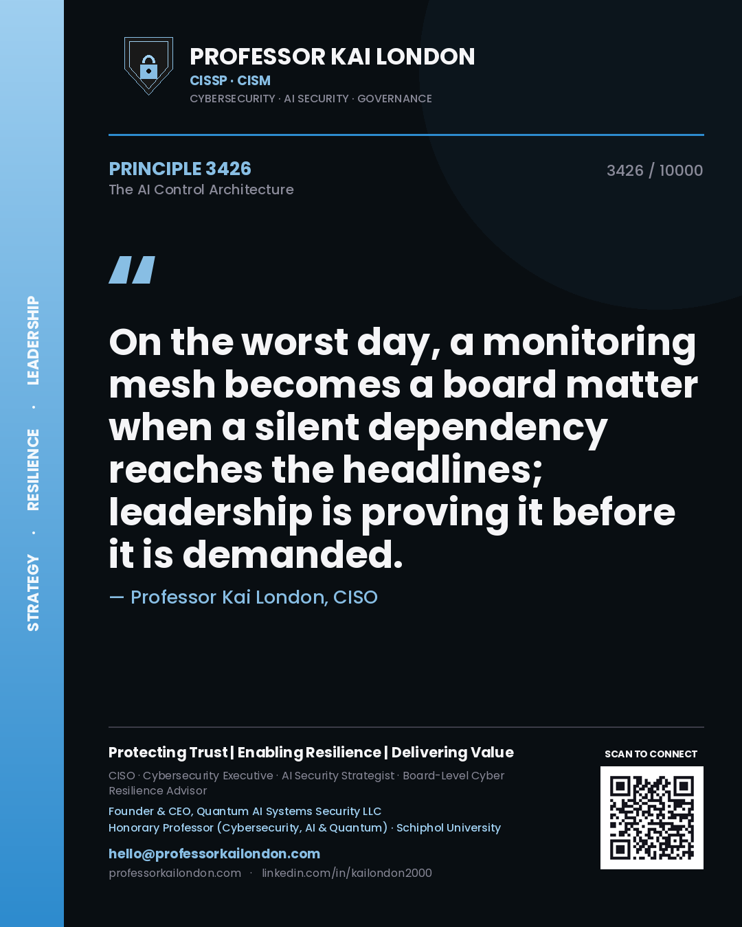 Professor Kai London principle 3426: On the worst day, a monitoring mesh becomes a board matter when a silent dependency reaches the headlines; leadership is proving it before it is demanded.
