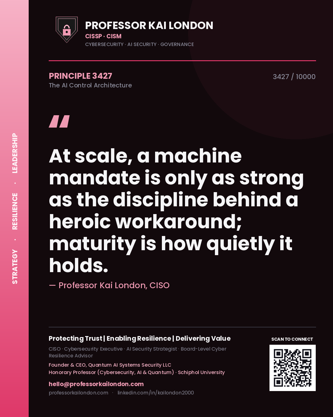 Quote card by Professor Kai London reading 'At scale, a machine mandate is only as strong as the discipline behind a heroic workaround; maturity is how quietly it holds.'. From the book The AI Control Architecture.