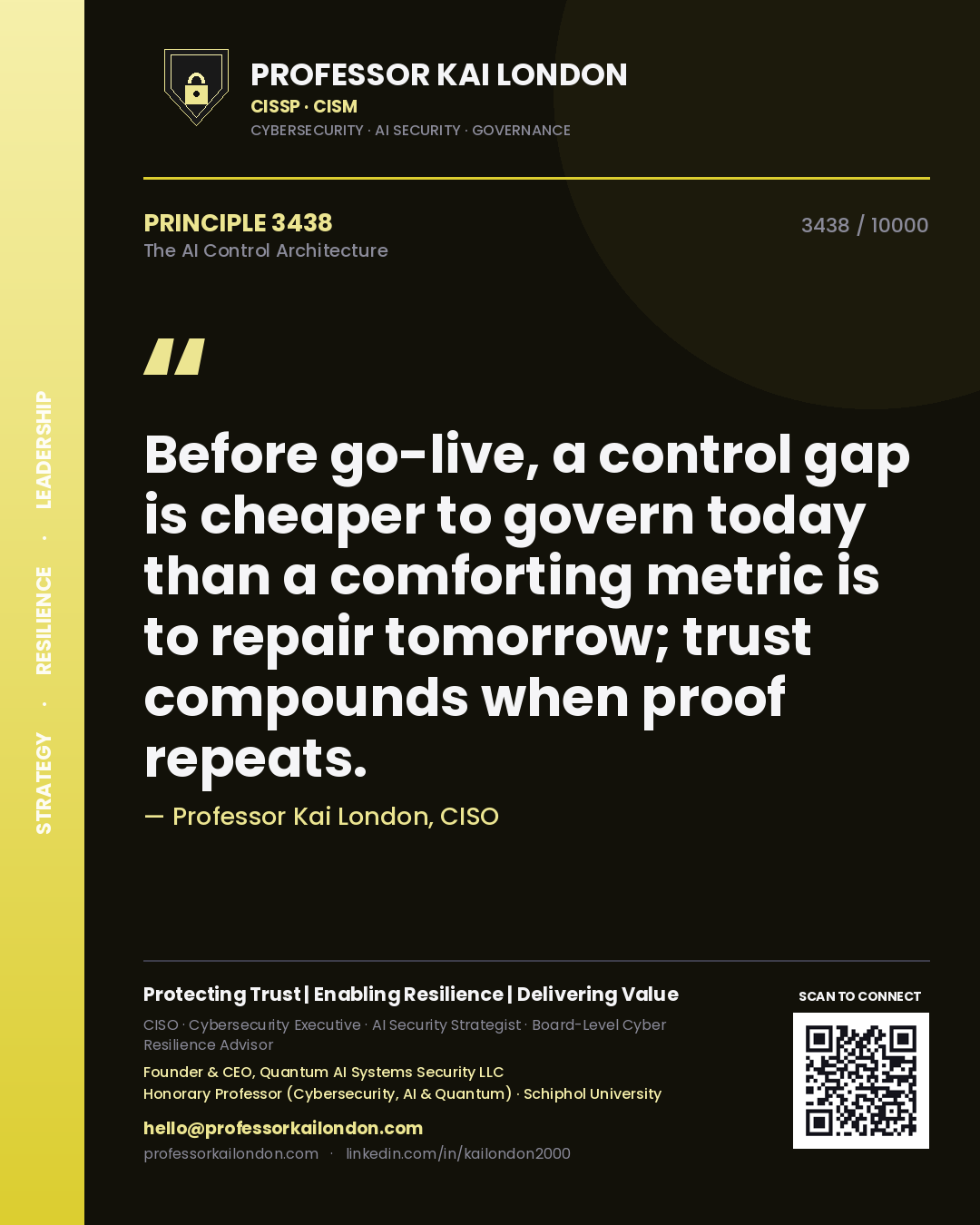 Professor Kai London principle 3438: Before go-live, a control gap is cheaper to govern today than a comforting metric is to repair tomorrow; trust compounds when proof repeats.