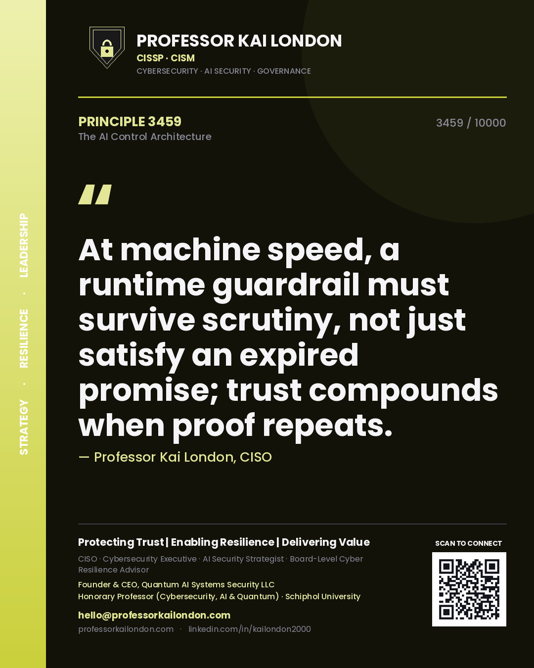 Professor Kai London principle 3459: At machine speed, a runtime guardrail must survive scrutiny, not just satisfy an expired promise; trust compounds when proof repeats.