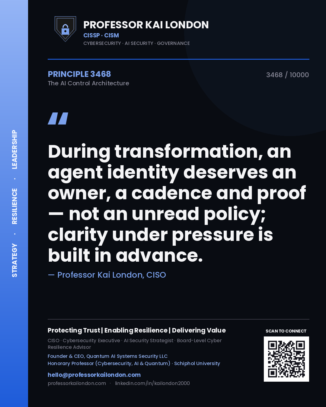 Professor Kai London principle 3468: During transformation, an agent identity deserves an owner, a cadence and proof — not an unread policy; clarity under pressure is built in advance.