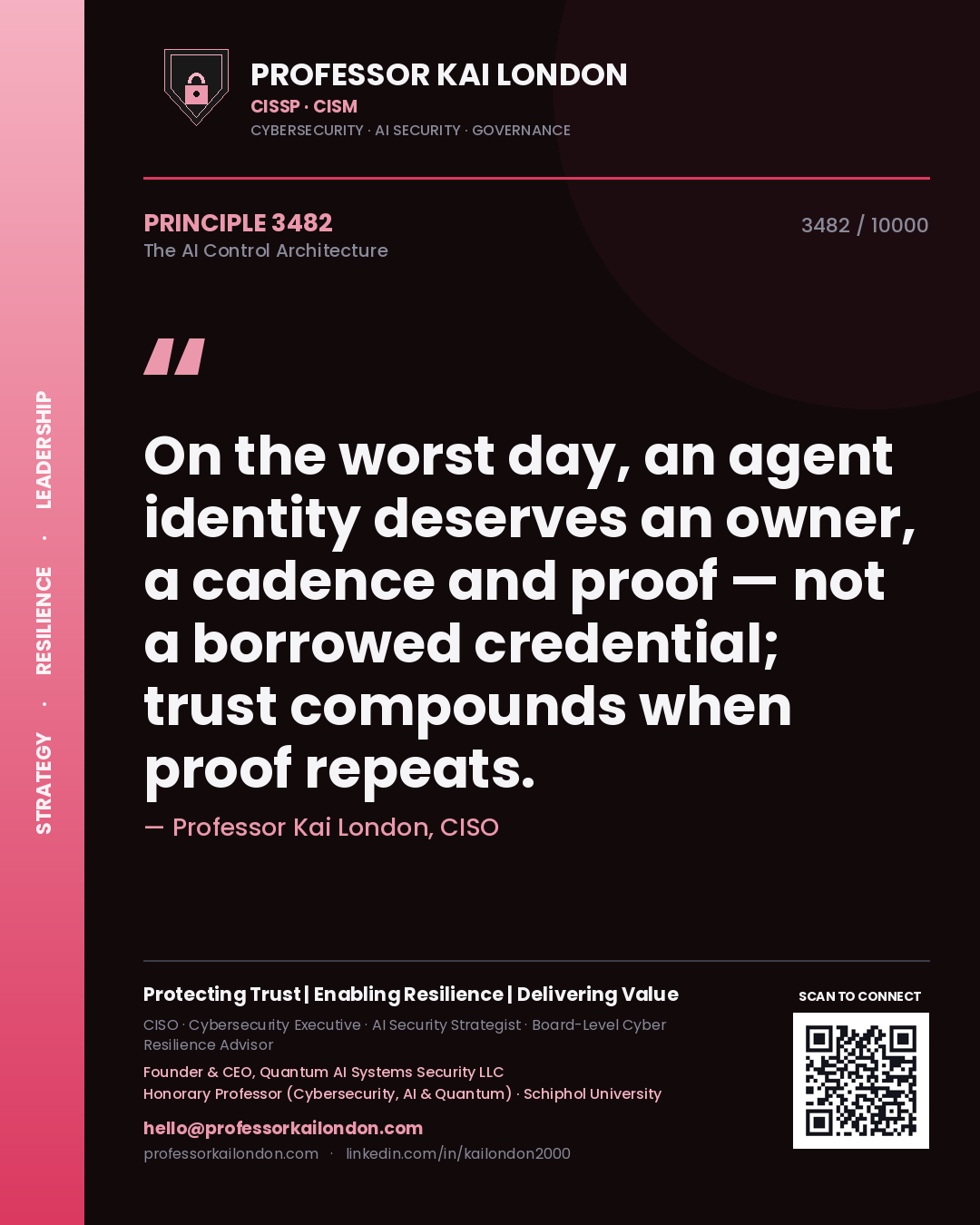 Professor Kai London principle 3482: On the worst day, an agent identity deserves an owner, a cadence and proof — not a borrowed credential; trust compounds when proof repeats.