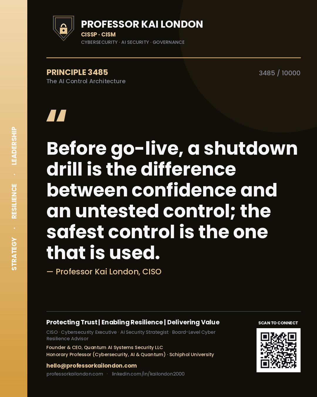 Quote card by Professor Kai London reading 'Before go-live, a shutdown drill is the difference between confidence and an untested control; the safest control is the one that is used.'. From the book The AI Control Architecture.