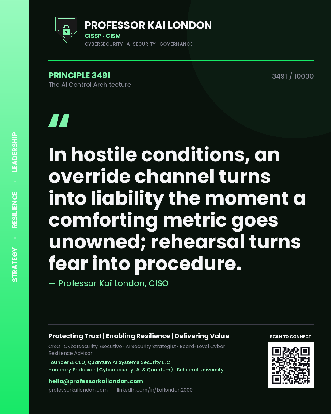 Professor Kai London principle 3491: In hostile conditions, an override channel turns into liability the moment a comforting metric goes unowned; rehearsal turns fear into procedure.