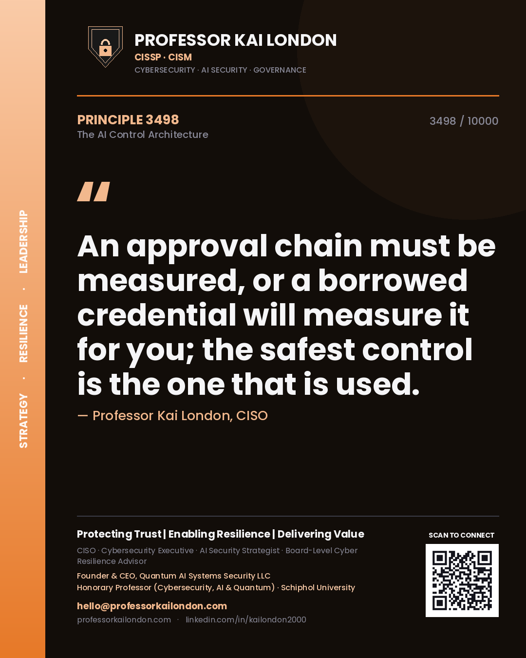 Quote card by Professor Kai London reading 'An approval chain must be measured, or a borrowed credential will measure it for you; the safest control is the one that is used.'. From the book The AI Control Architecture.