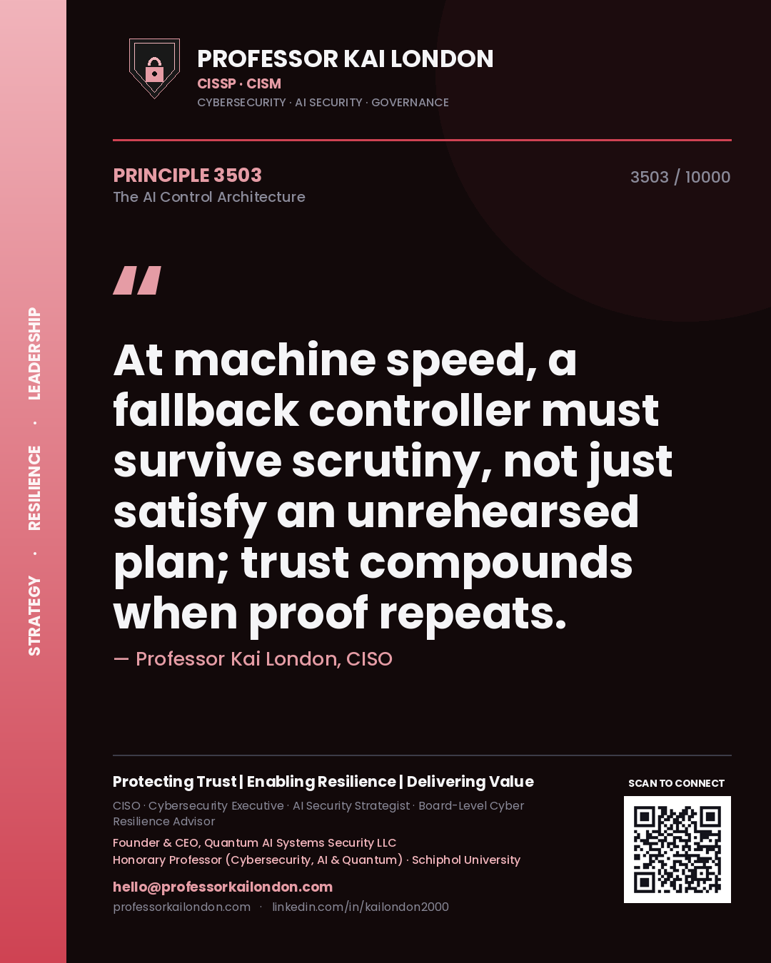 Professor Kai London principle 3503: At machine speed, a fallback controller must survive scrutiny, not just satisfy an unrehearsed plan; trust compounds when proof repeats.