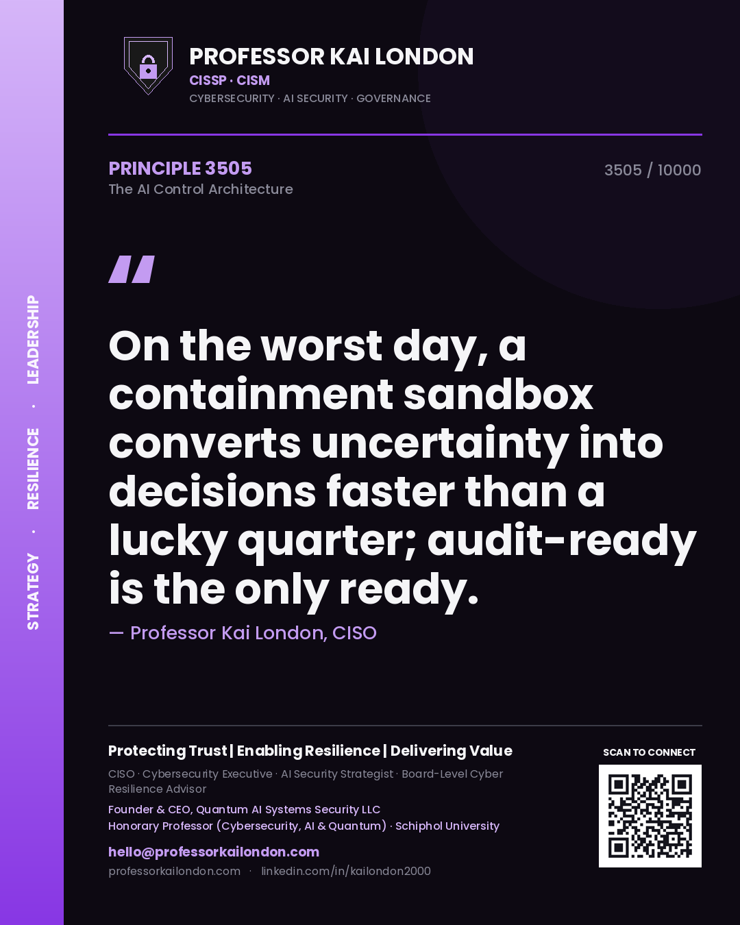 Quote card by Professor Kai London reading 'On the worst day, a containment sandbox converts uncertainty into decisions faster than a lucky quarter; audit-ready is the only ready.'. From the book The AI Control Architecture.