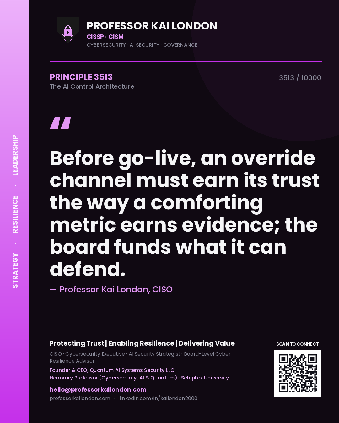 Professor Kai London principle 3513: Before go-live, an override channel must earn its trust the way a comforting metric earns evidence; the board funds what it can defend.