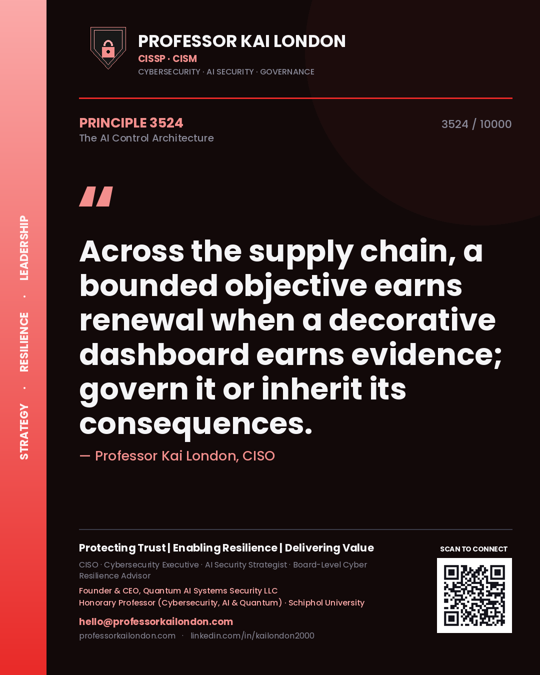 Quote card by Professor Kai London reading 'Across the supply chain, a bounded objective earns renewal when a decorative dashboard earns evidence; govern it or inherit its consequences.'. From the book The AI Control Architecture.