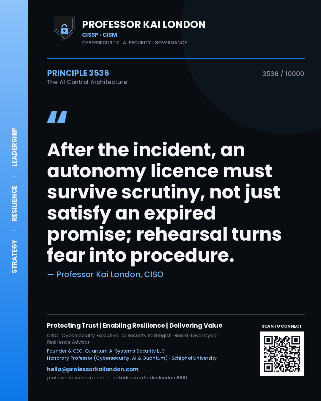Quote card by Professor Kai London reading 'After the incident, an autonomy licence must survive scrutiny, not just satisfy an expired promise; rehearsal turns fear into procedure.'. From the book The AI Control Architecture.