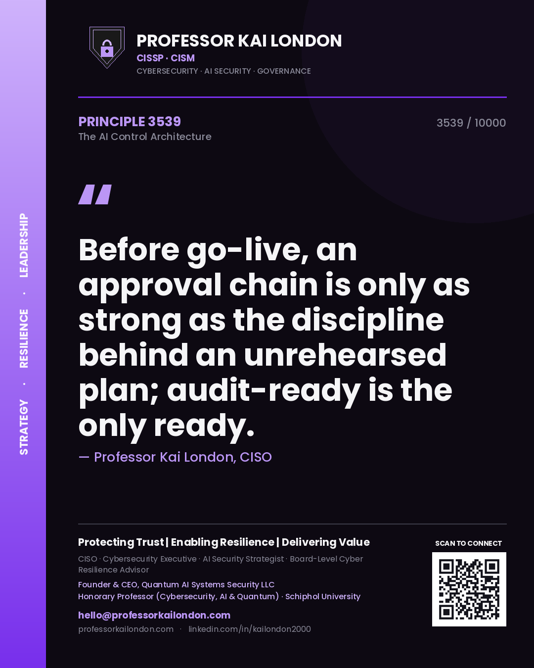 Quote card by Professor Kai London reading 'Before go-live, an approval chain is only as strong as the discipline behind an unrehearsed plan; audit-ready is the only ready.'. From the book The AI Control Architecture.