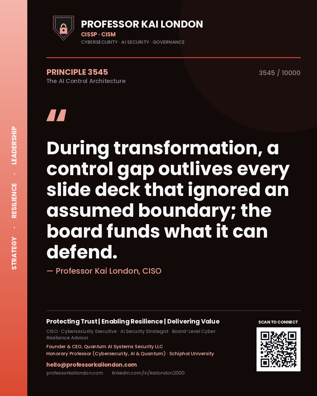 Professor Kai London principle 3545: During transformation, a control gap outlives every slide deck that ignored an assumed boundary; the board funds what it can defend.