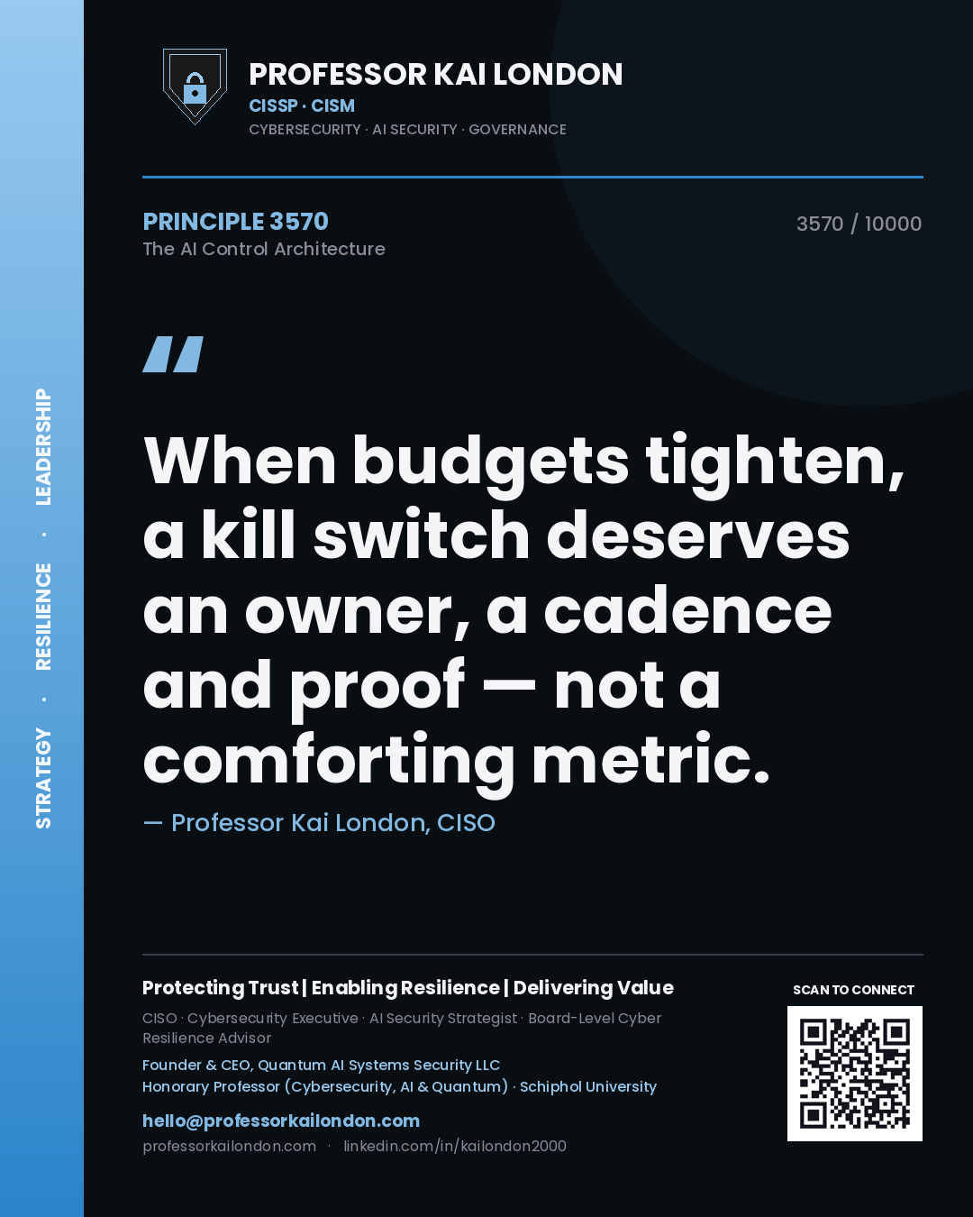 Quote card by Professor Kai London reading 'When budgets tighten, a kill switch deserves an owner, a cadence and proof — not a comforting metric.'. From the book The AI Control Architecture.
