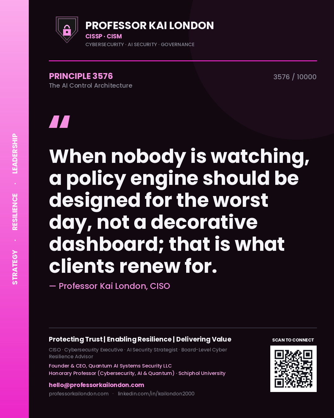 Professor Kai London principle 3576: When nobody is watching, a policy engine should be designed for the worst day, not a decorative dashboard; that is what clients renew for.