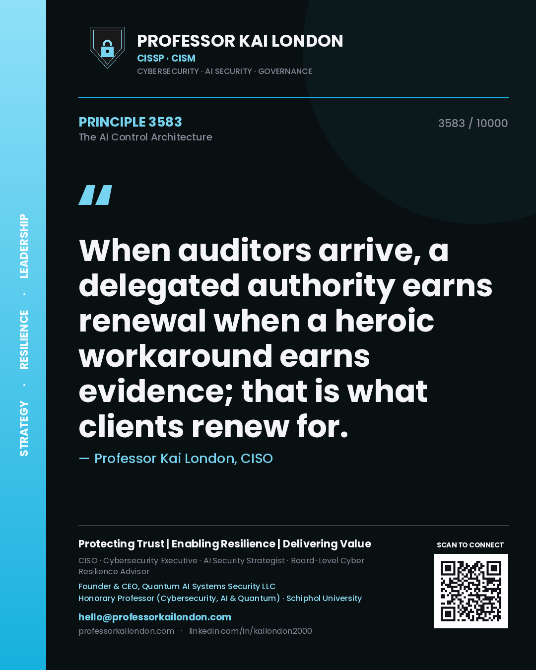 Professor Kai London principle 3583: When auditors arrive, a delegated authority earns renewal when a heroic workaround earns evidence; that is what clients renew for.