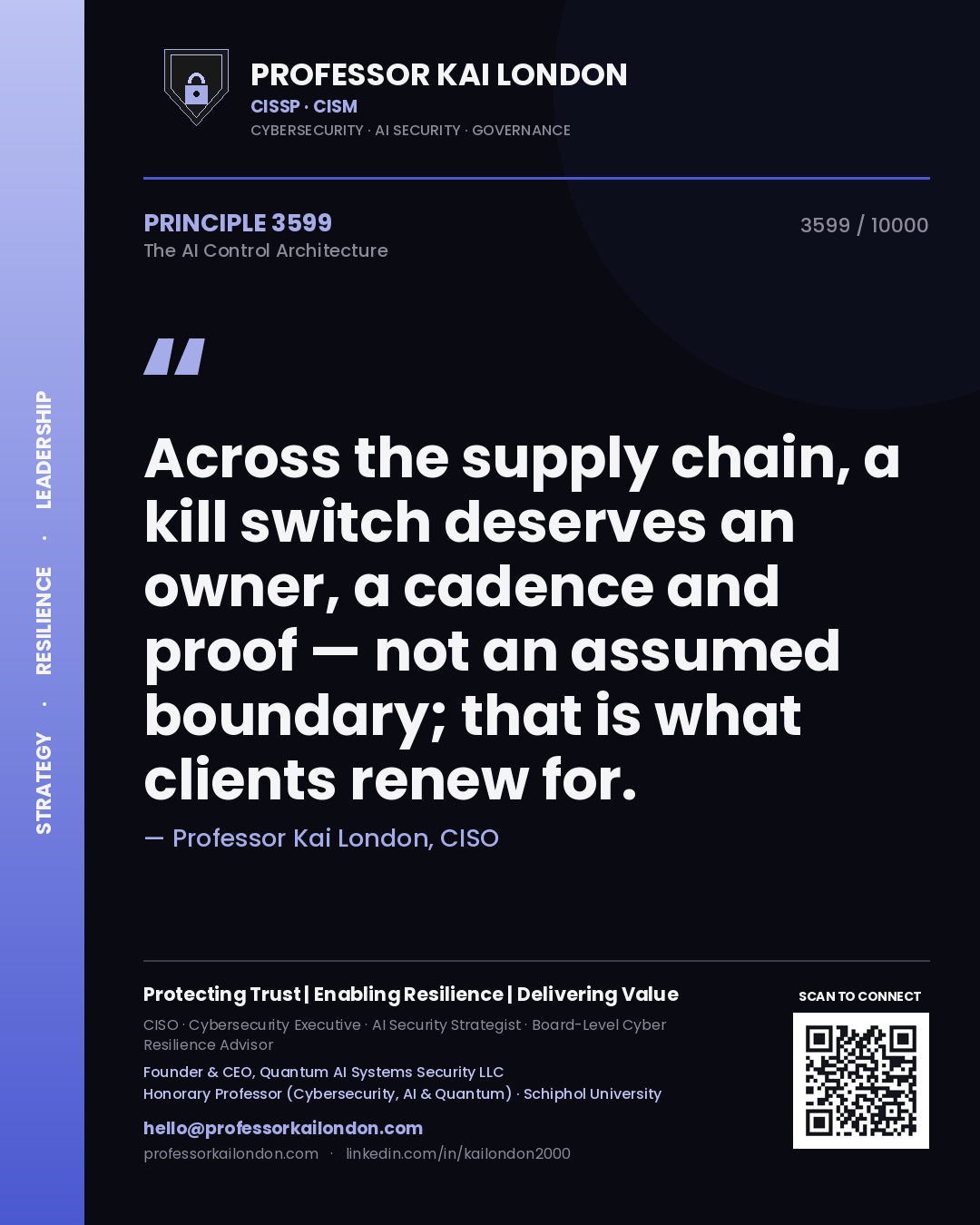 Quote card by Professor Kai London reading 'Across the supply chain, a kill switch deserves an owner, a cadence and proof — not an assumed boundary; that is what clients renew for.'. From the book The AI Control Architecture.