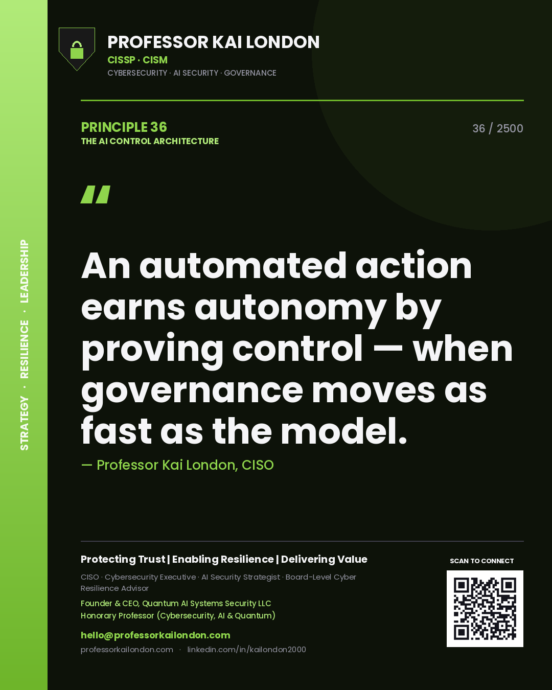 Professor Kai London principle 36: An automated action earns autonomy by proving control — when governance moves as fast as the model.