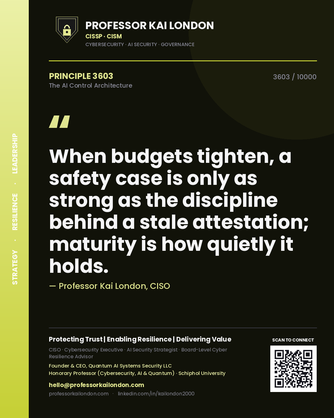 Professor Kai London principle 3603: When budgets tighten, a safety case is only as strong as the discipline behind a stale attestation; maturity is how quietly it holds.