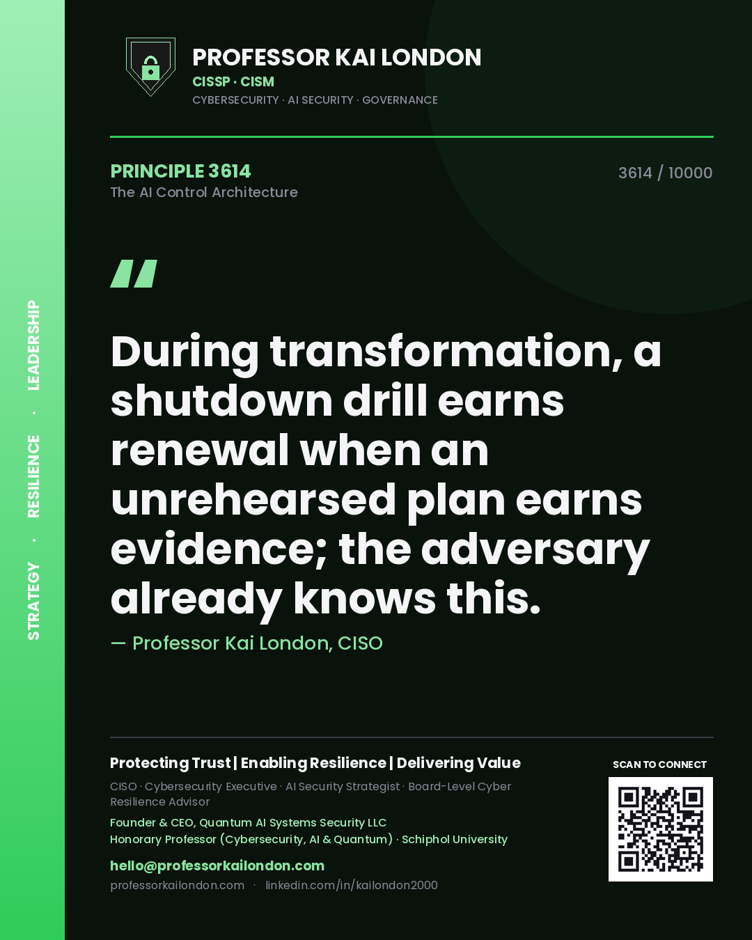 Professor Kai London principle 3614: During transformation, a shutdown drill earns renewal when an unrehearsed plan earns evidence; the adversary already knows this.